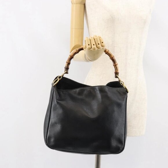 GUCCI Bamboo Hand Bag Leather Black Gold 001